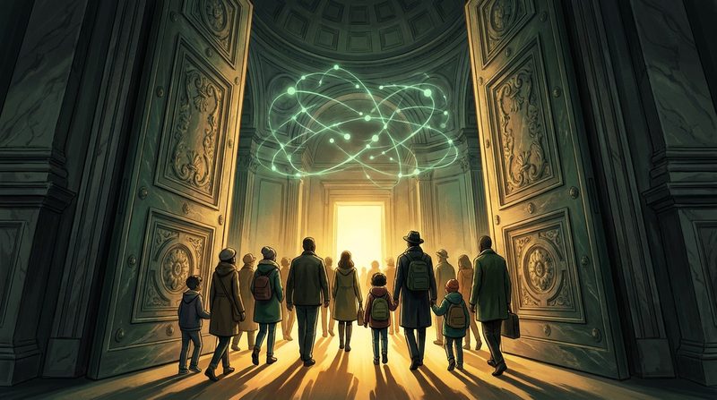 Illustration: tall doors of a grand hall open, warm light pouring out as people of all ages walk in under a glowing green network