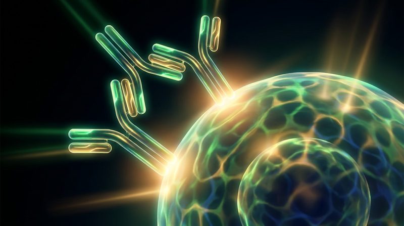 Illustration: a Y-shaped antibody grips two points on a glowing cell