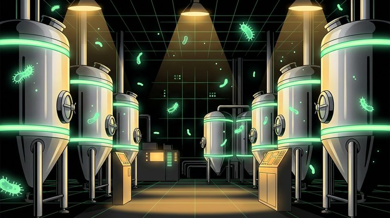 Illustration: steel bioreactor tanks in a dim hall with glowing microbe shapes