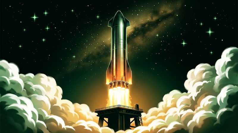Illustration: a giant steel rocket booster fires a ring of engines on its launch mount amid billowing steam