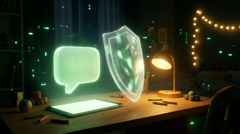 Illustration: a glowing shield stands between a green chat bubble and a tablet on a child's desk