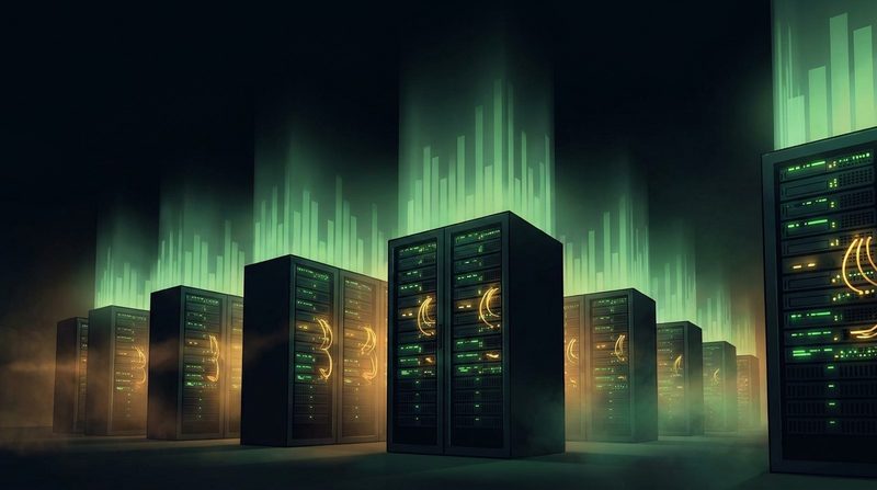 Illustration: rows of server racks with green light columns rising like a bar chart