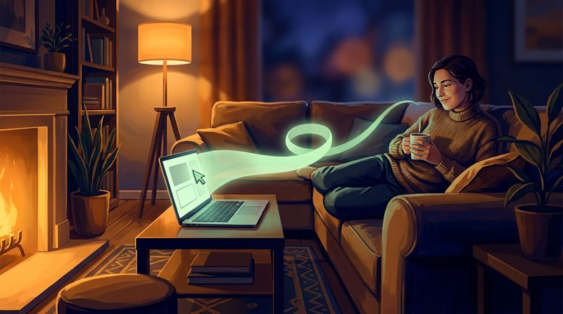 Illustration: a ribbon of green light from a laptop fills in forms on screen while a person relaxes with coffee