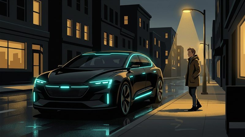 Illustration: a car with no driver glows with small cyan marker lights on a city street at dusk as a pedestrian watches