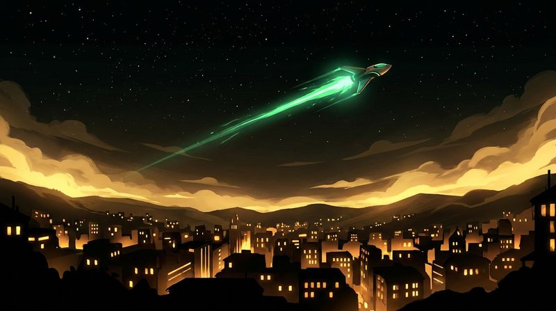 Illustration: a small interceptor drone streaks upward on a green trail above a quiet city at night