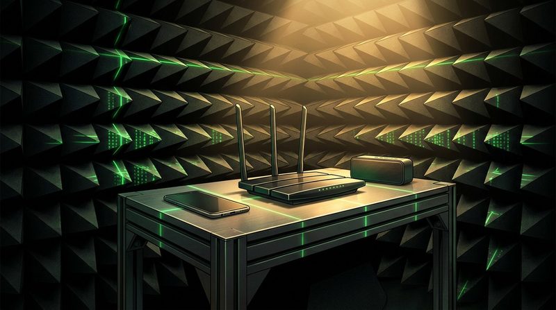 Illustration: gadgets on a test bench inside a shielded chamber