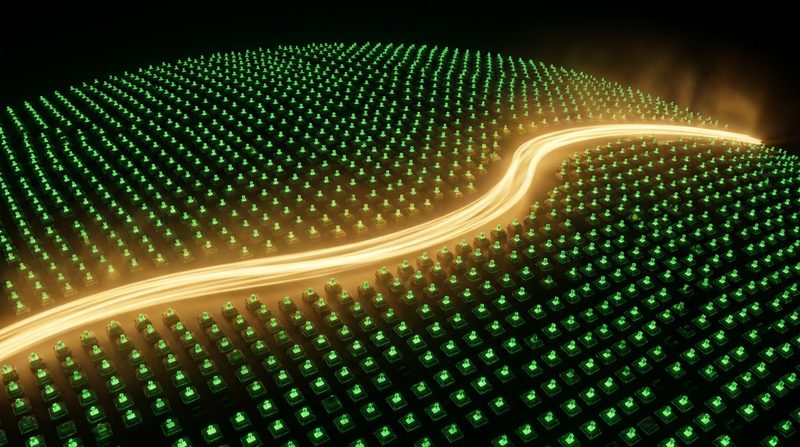 Illustration: a glowing green grid of on and off switches with one bright path cutting through it