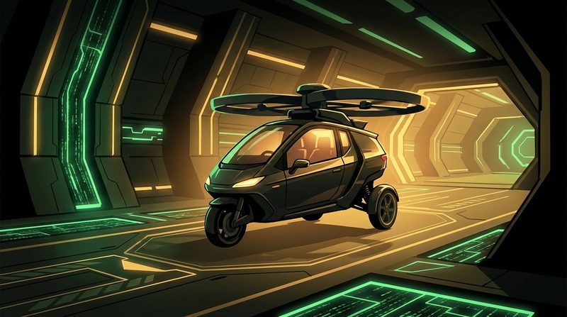 Illustration: a compact three-wheeled flying car with a folded rotor mast in a clean assembly hall lit in green