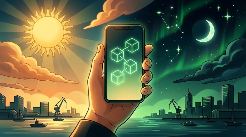 Illustration: a phone showing linked green blocks, held up under a sky that is half day and half night