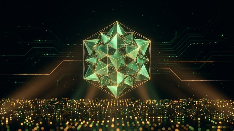 Illustration: a glowing green crystal lattice floats over a dark field of tiny server lights