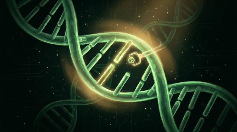 Illustration: a glowing green DNA double helix with one highlighted rung being swapped out