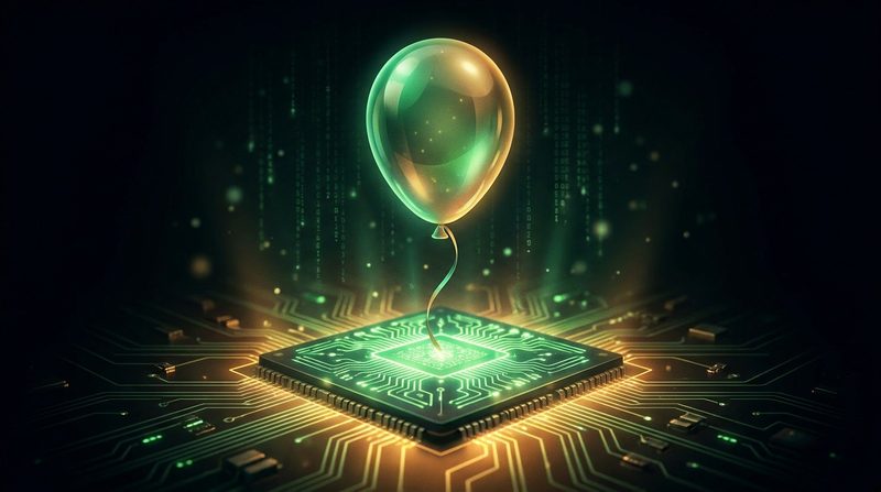 Illustration: a single party balloon floats above a glowing computer chip with green circuitry