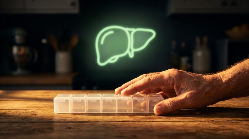 Illustration: a closed weekly pill organizer set aside on a kitchen table at sunrise, an older hand resting beside it, a glowing liver shape behind