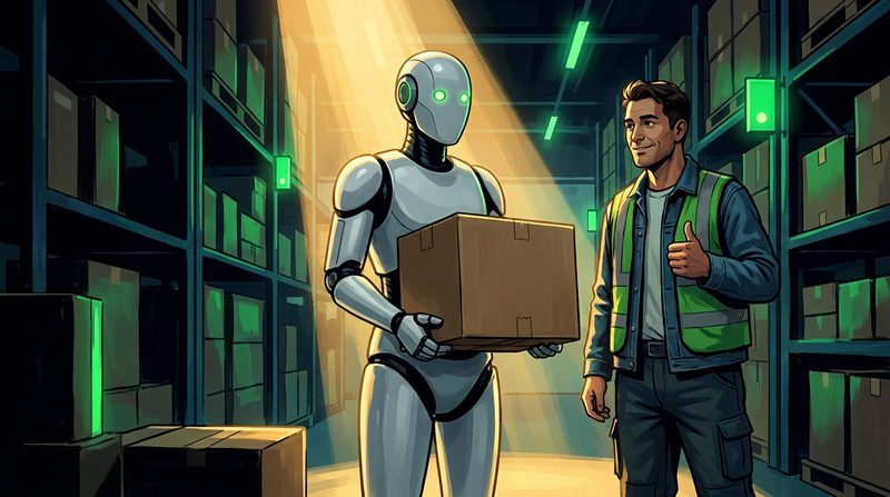 Illustration: a friendly humanoid robot carrying a crate in a warehouse while a human coworker nods