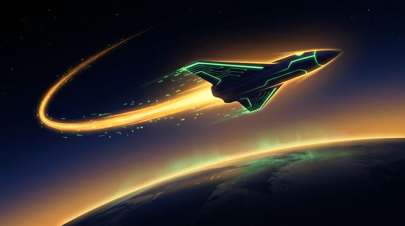 Illustration: a sleek dart-shaped glider streaks above the curve of the Earth at dusk on a glowing heat trail
