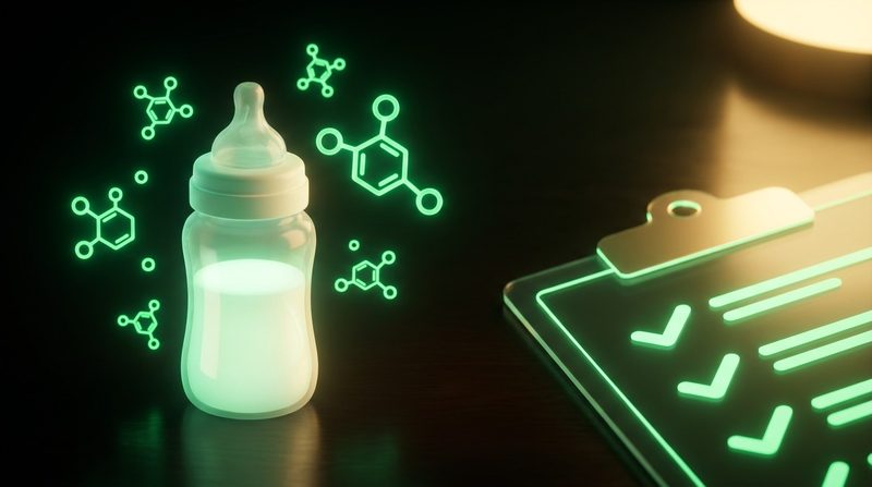 Illustration: a baby bottle beside glowing nutrient molecules