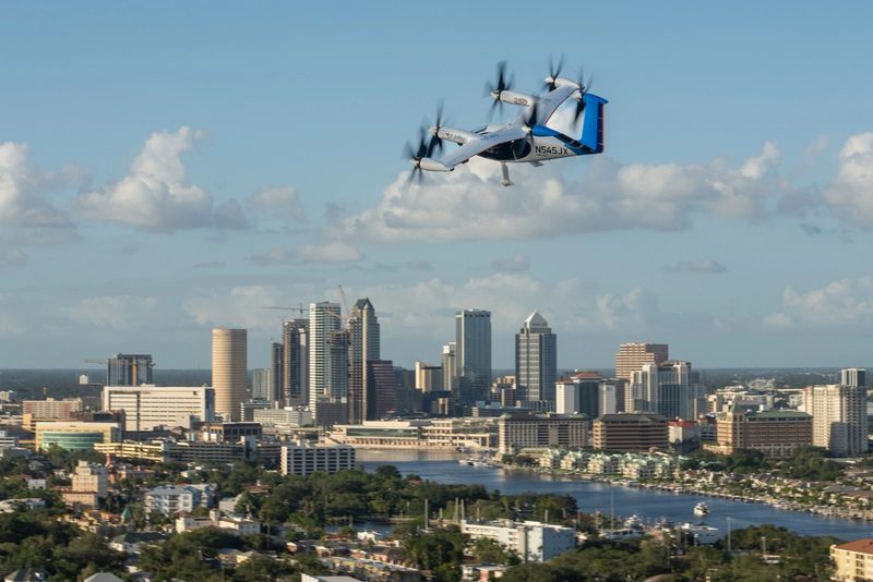 Joby's electric air taxi flying over Tampa