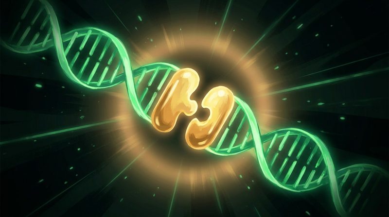 Illustration: two glowing capsules fit like puzzle pieces into a matching gap in a green strand of DNA