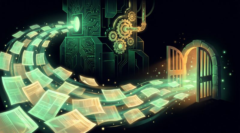 Illustration: news pages flowing toward a large machine past a half-closed gate