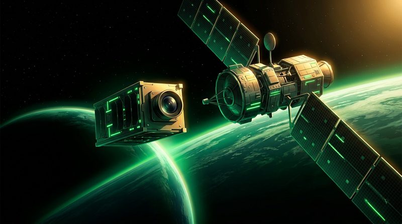 Illustration: a small spacecraft hovers near a larger satellite above Earth