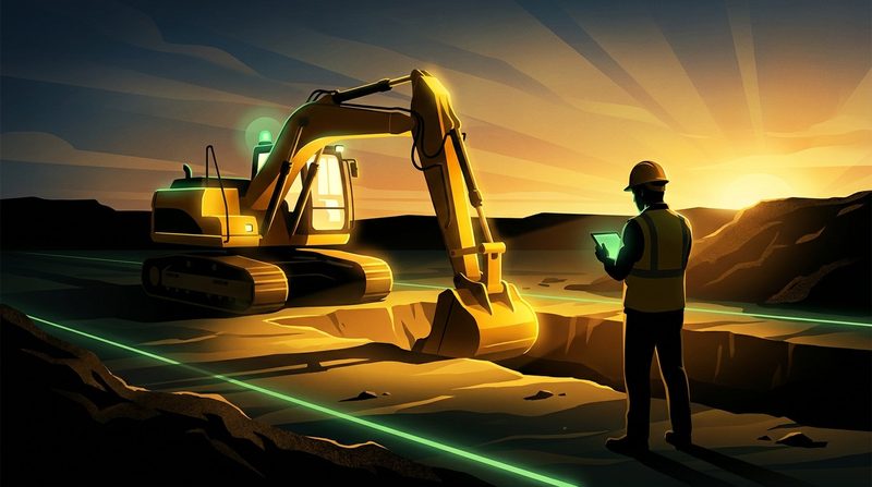 Illustration: a yellow excavator with an empty cab digs at sunrise while a worker supervises from a distance with a tablet