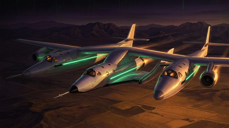 Illustration: a winged spaceplane rides beneath a twin-fuselage carrier jet over a desert at dusk