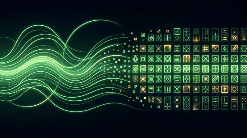 Illustration: glowing green sound waves turn into neat rows of blocks