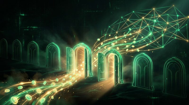 Illustration: glowing gates, most closed, with tokens passing through the open ones