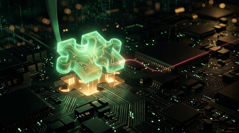 Illustration: a glowing add-on piece slotting into a circuit board, with a hidden thread leading away