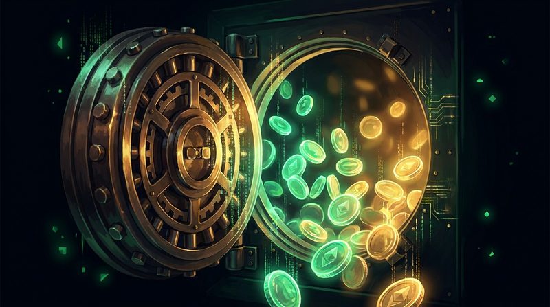 Illustration: a round bank vault door swings open onto glowing green digital coins
