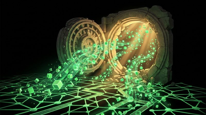 Illustration: a stone vault door dissolves into streams of glowing green cubes